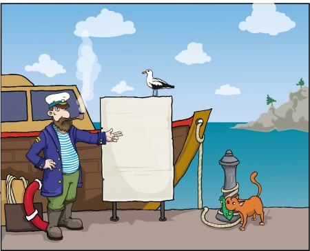 Captain in a dock next to his shipのイラスト素材