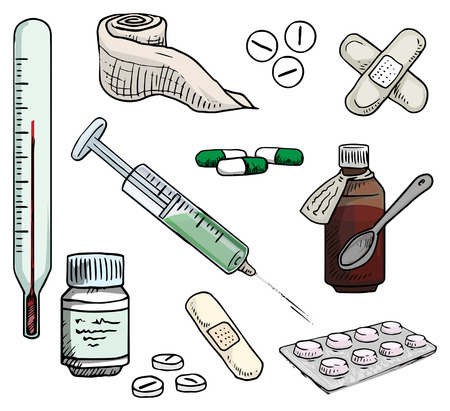 Hand drawn black and white set of medical equipmentのイラスト素材
