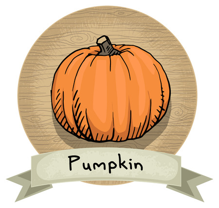 Hand drawn Pumpkin icon, with a name and wooden backgroundのイラスト素材