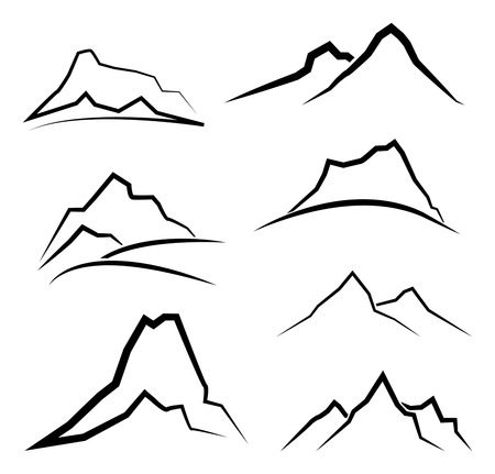 Abstract minimal mountain landscape symbol set, black and white, vector illustrationsのイラスト素材