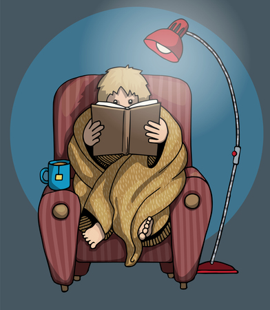 sitting with a blanket, and cup of tea, on a armchair, Reading a bookのイラスト素材