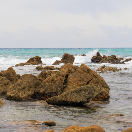 Mediterranean sea, Sabinilla beach, Malaga, rocks next to the shoreの写真素材