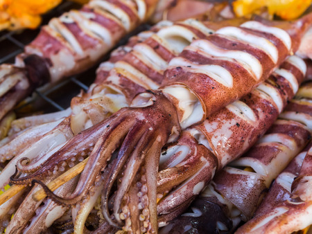 Street Food, Grilled Squid in the Market of Thailandの写真素材