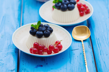 Vanilla panna cotta with fresh berriesの写真素材
