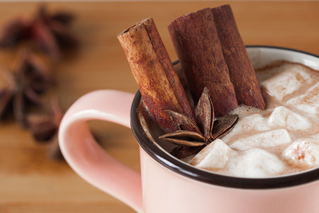 Pink mug with hot chocolate with melted marshmallow selective focus closeupの写真素材