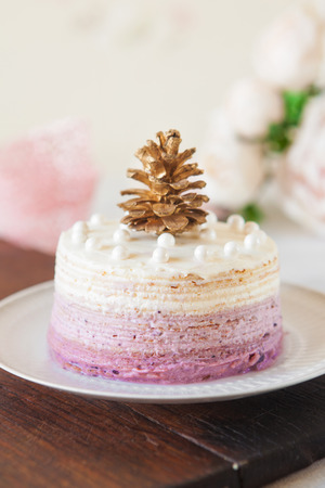 Vanilla and blueberry ombre cake in pink colors with gold leaf coneの写真素材