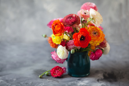 Ranunculus asiaticus or Persian buttercup bouquet in antique turquoise jug. Floral composition on grey backgound, copy spaceの写真素材