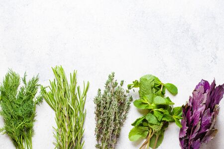 Top view of assortment herbs on wooden board.Dill, rosemary, mint, thyme, basil from aboveの写真素材