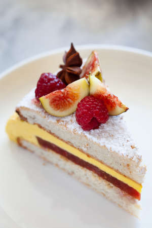 Modern savory dacquoise cake with figs and raspberry confit and mango cream, french cuisine, close upの写真素材