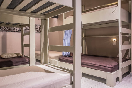 Bunk beds in a hostel dormitory