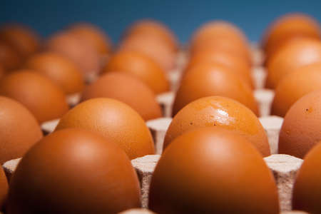 A cassette of brown chicken eggs on a natural substrate, top view. Food background. Eggs in the cassette boxの写真素材