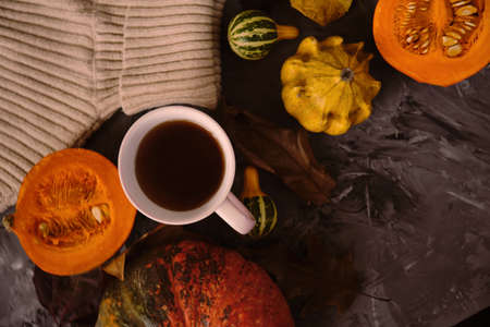 Cup hot tea on the gray table with pumpkin, leaves, spices on the background. Autumn concept. Top view. High quality footageの写真素材