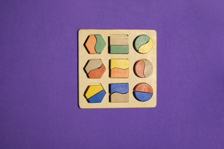 Educational toys, Cognitive skills, Montessori activity, learning about color, shape, sorting, arranging by engaged colorful wooden sensorial blocks.の写真素材
