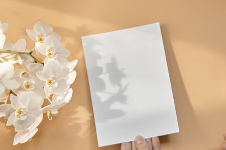 Hands are holding an empty white A5 form on a beige background. Layout top viewの写真素材