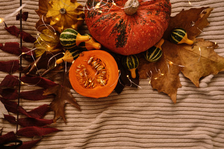 Pumpkin, leaves, spices on the background. Autumn concept. Top view.の写真素材
