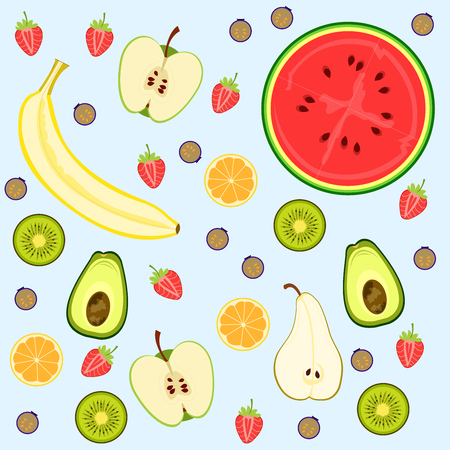 Vector background of various simple fruits cut in half.のイラスト素材
