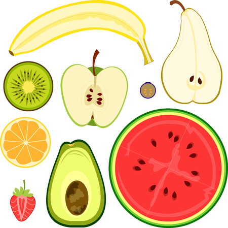 Vector illustration of various fruits cut in half.のイラスト素材