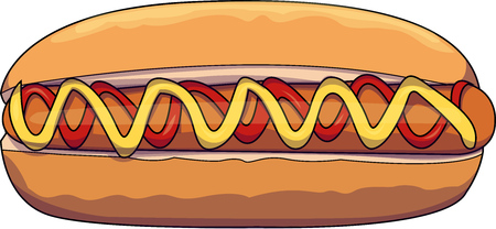 Vector illustration of a hot dog with mustard and ketchup sauce.のイラスト素材