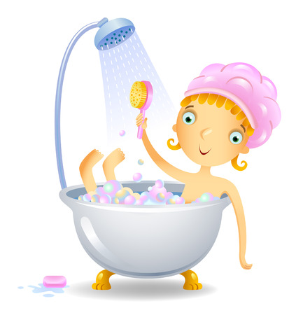 Cute girl taking bath with bubbles, vector illustration.のイラスト素材