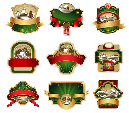 Christmas labels with lovely winter landscape for greeting cards, banners, presentations, decorations. Easy to edit all pieces are separated.のイラスト素材