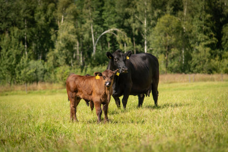 black angus Calf and cow on a green meadow in the summer.
