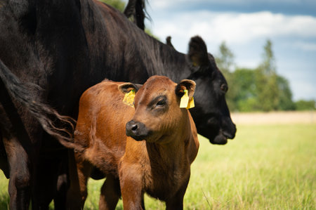 black angus Calf with mother in the meadow, close-up.の写真素材