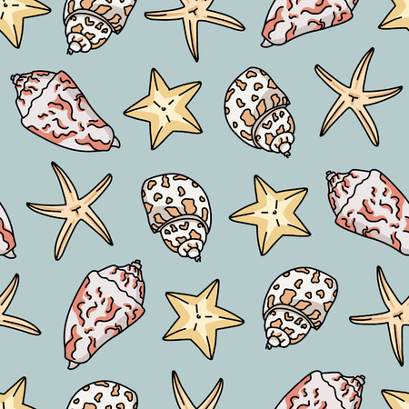 Seashell pattern on neutral background. Seamless illustrations of simple drawn seashells.のイラスト素材