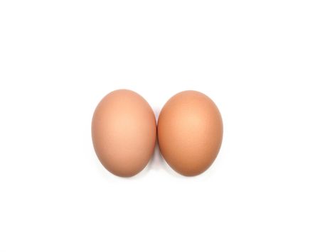 Two eggs next to each other against a white background.の写真素材