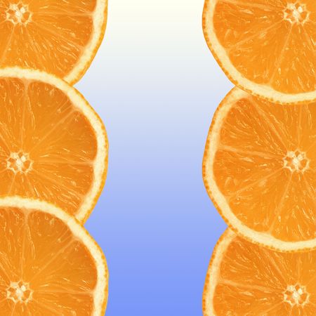 Six fresh orange slices, three on each side on a vertical axis, with a blue and white gradient...