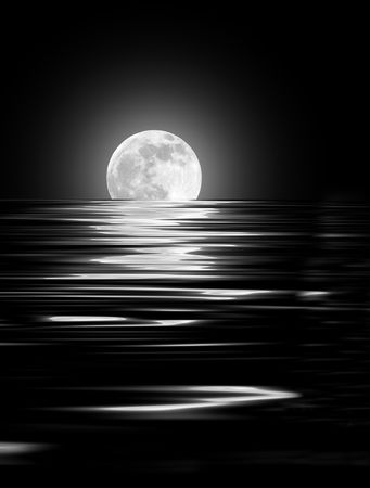 Abstract of a full moon on the Spring Equinox reflected over rippled water and set against a black background.の写真素材