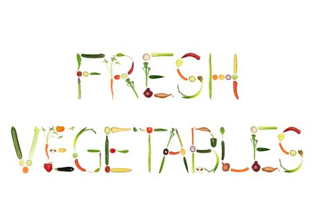 Vegetable selection spelling the words fresh vegetables, over white background.の写真素材