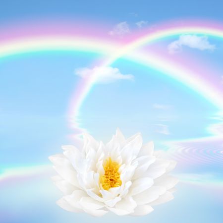 Rainbow fantasy abstract in a blue sky with a white lotus lily flower and reflection over rippled water.の写真素材