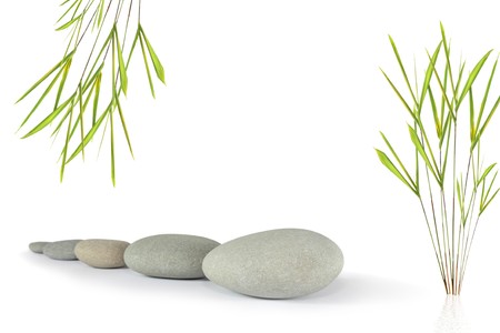 Zen abstract of five grey stones with bamboo leaf grass, over white background. Focus on the front stone.の写真素材