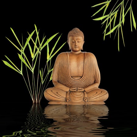 Zen abstract of a buddha in prayer in a garden with bamboo leaf grass and reflection over rippled water, over black background.の写真素材