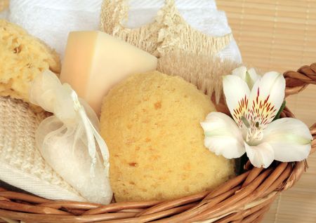  Natural skincare cleansing products in a wicker basket.の写真素材