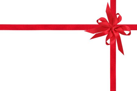 Red ribbon with double bow isolated over white background.の写真素材