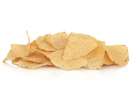 Tortilla corn chip snacks, isolated over white background.の写真素材