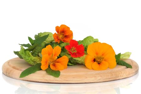 Nasturtian flower, mint herb and lettuce leaf salad on a circular chopping board, over white background.の写真素材