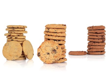 Chocolate chip cookie collection, isolated over white background with reflection.の写真素材