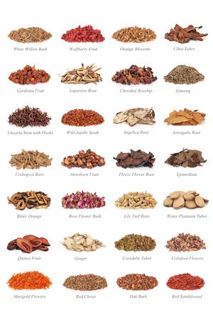 Large chinese medicine herb collection with titles, isolated over white background.の写真素材