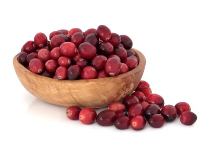 Cranberry fruit in an olive wood bowl and scattered, isolated over white background. Used at christmas and thanksgiving as an accompaniment to turkey.の写真素材