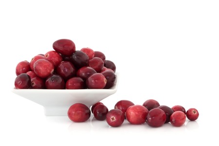 Cranberries in a porcelain dish and scattered isolated over white background.の写真素材