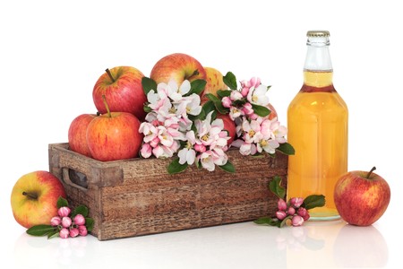  Cider bottle with red gala apples in a rustic wooden box with apple flower blossom, isolated over white background.の写真素材