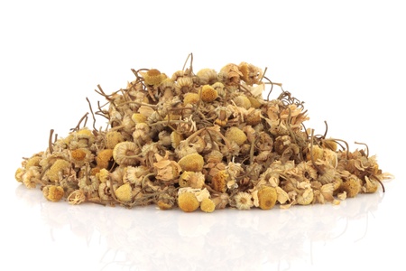 Chamomile flowers in a pile over white background.の写真素材