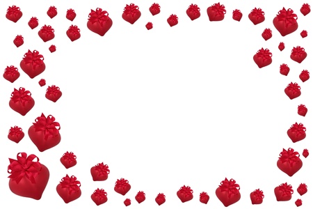 Valentine heart red baubles with ribbon and bow decorations forming a border, isolated over white background with copy space.の写真素材