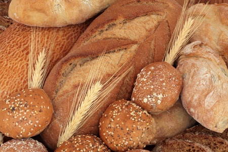  Bread loaf selection of soda, tiger bloomer, french navette, olive and rye  breads, with brown...