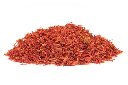 Safflower petals used in chinese herbal medicine. A more common variety than saffron. Isolated over white background. Hong hua. Flos carthami tinctori.の写真素材