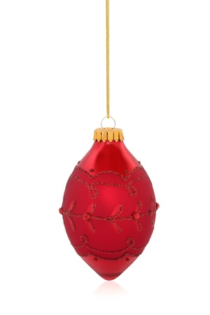 Christmas droplet ball decoration in red with glitter and jewel design, isolated over white background.の写真素材