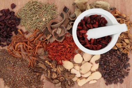 Traditional chinese herbal medicine selection with mortar and pestle over papyrus background Traditional chinese herbal medicine selection with mortar and pestle over papyrus background