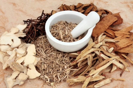 Chinese herb selection with mortar and pestle over mottled background の写真素材